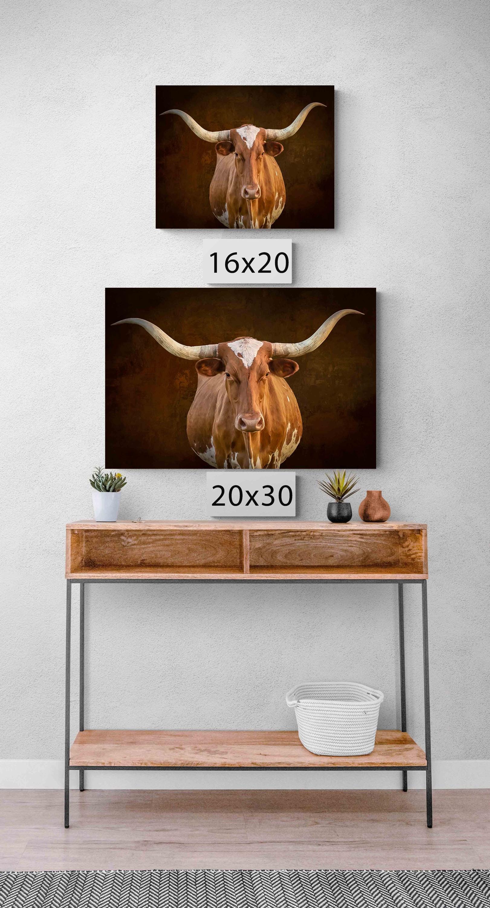 Texas Longhorn Cow Wall Art, Western Rustic Decor, Canvas Print for Home or Office, Farm and Ranch