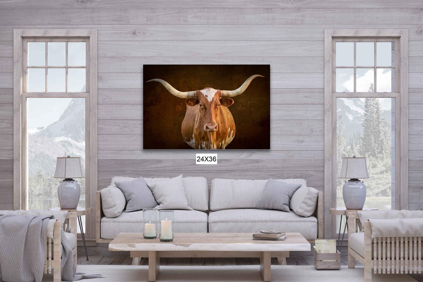 Texas Longhorn Cow Wall Art, Western Rustic Decor, Canvas Print for Home or Office, Farm and Ranch