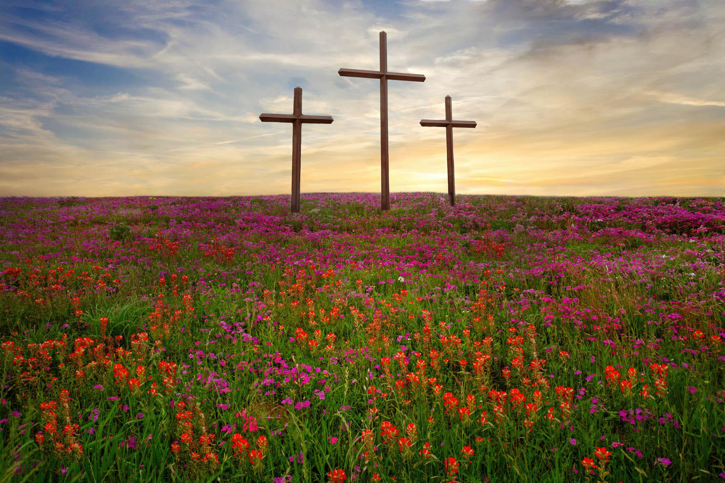 Three Crosses and Wildflowers at Sunset Photo Canvas, Christian Inspirational Print, Texas Scenery Decor, Indian Paintbrushes Wall Art Print