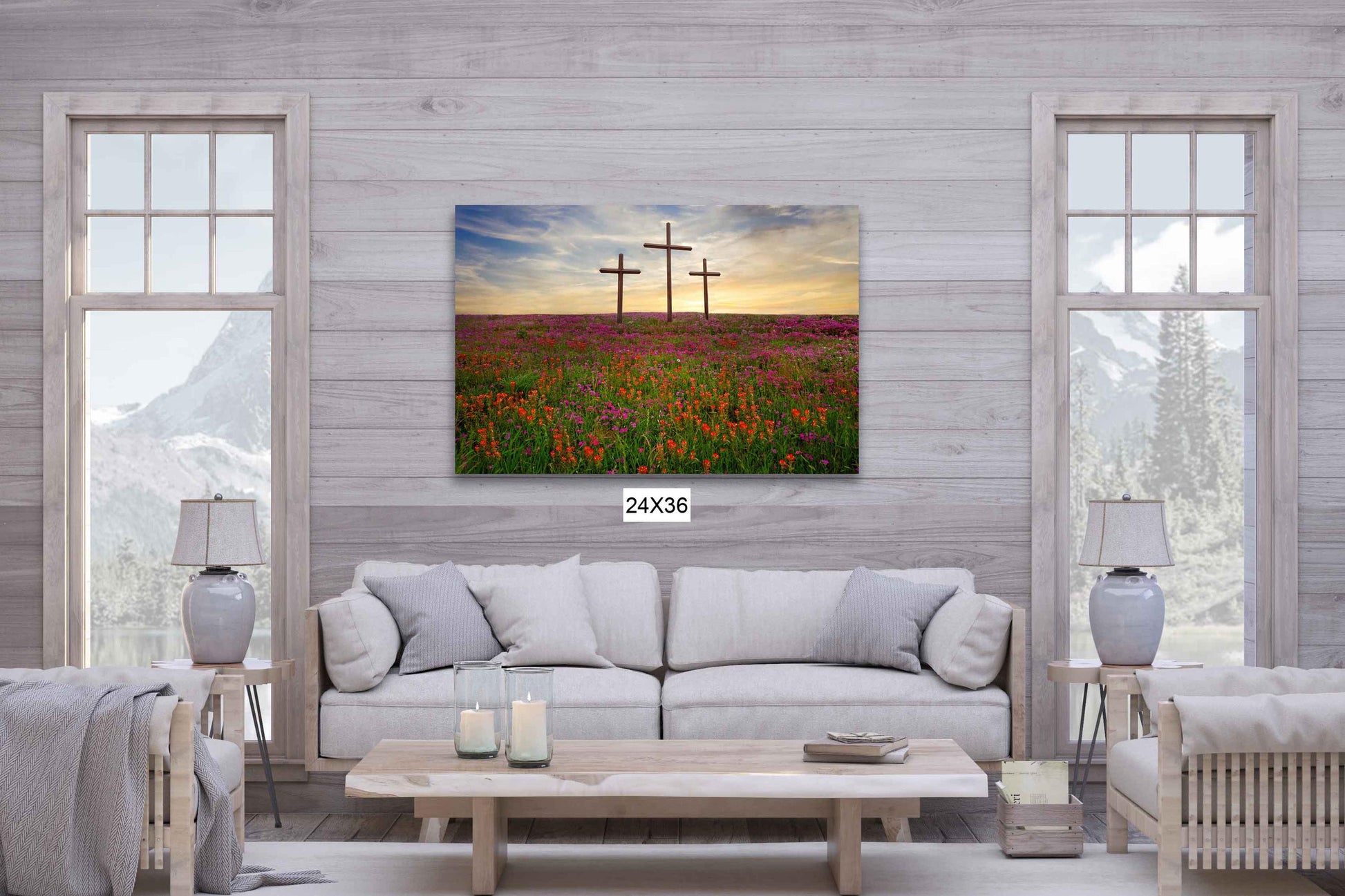 Three Crosses and Wildflowers at Sunset Photo Canvas, Christian Inspirational Print, Texas Scenery Decor, Indian Paintbrushes Wall Art Print