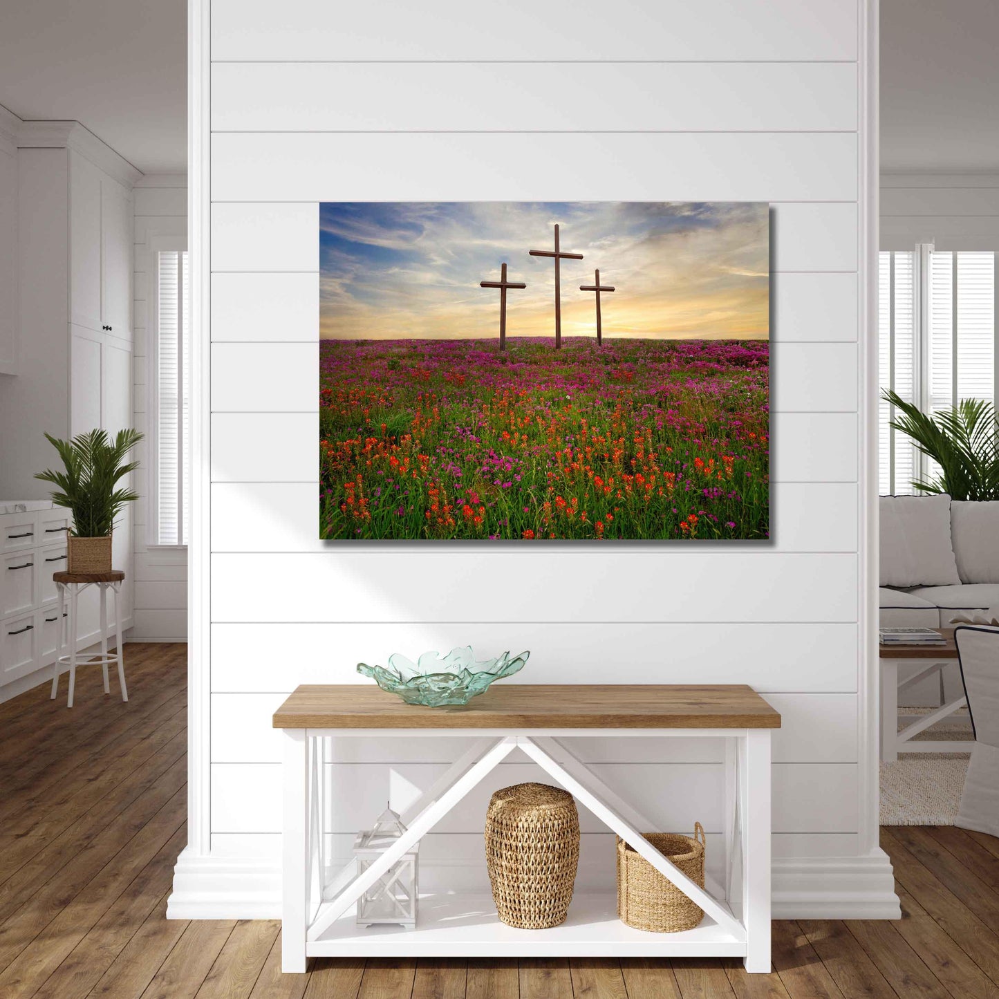 Three Crosses and Wildflowers at Sunset Photo Canvas, Christian Inspirational Print, Texas Scenery Decor, Indian Paintbrushes Wall Art Print