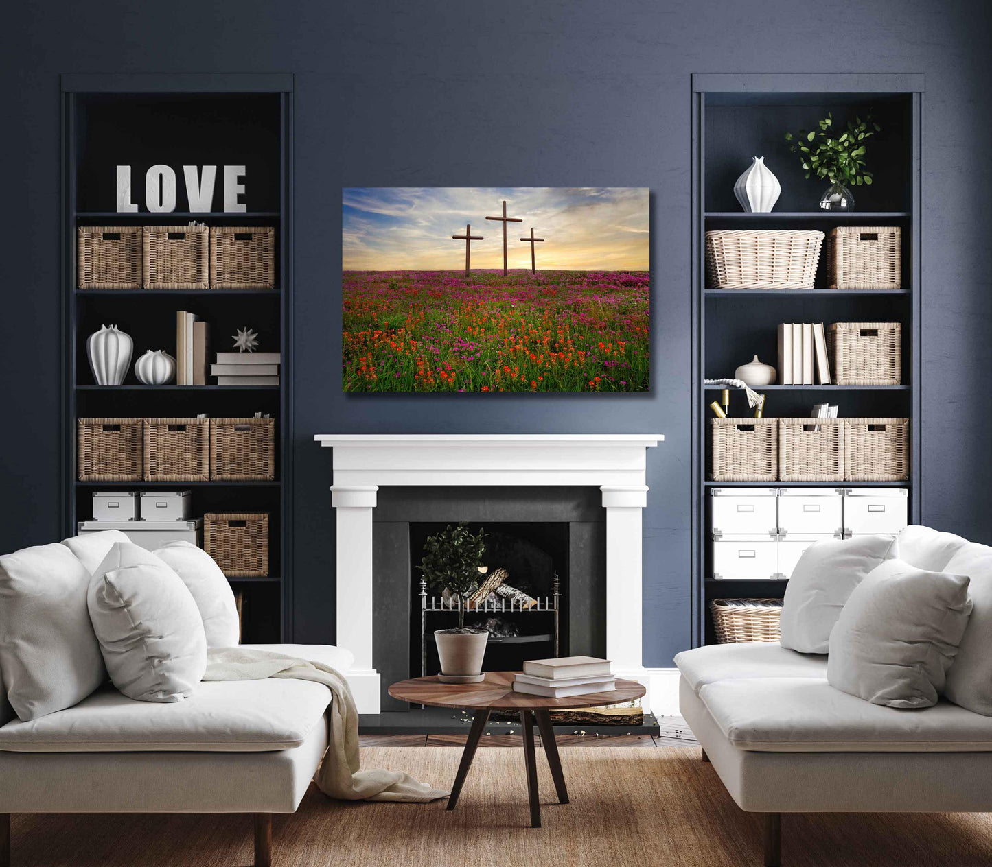 Three Crosses and Wildflowers at Sunset Photo Canvas, Christian Inspirational Print, Texas Scenery Decor, Indian Paintbrushes Wall Art Print