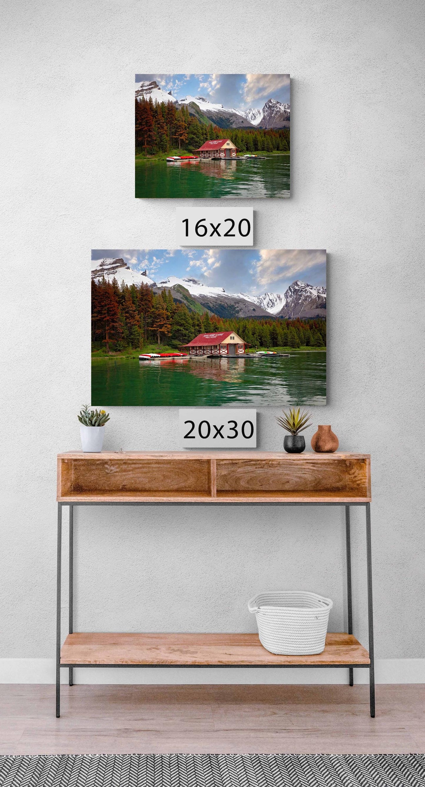 Jasper National Park Landscape Photo Print, Maligne Lake Boat House, Canadian Rockies, Alberta Canada, Banff, Large Canvas Wall Art