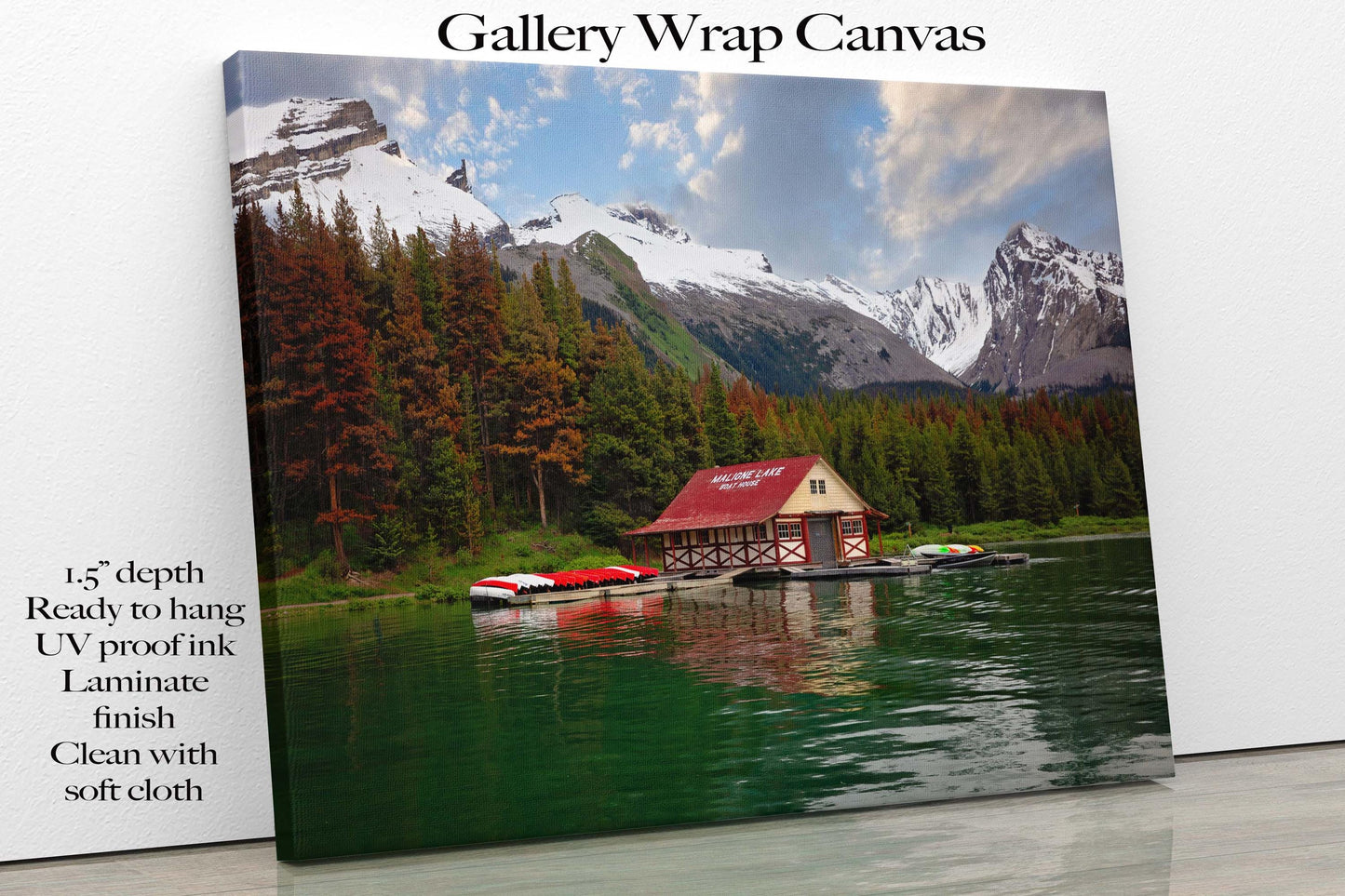 Jasper National Park Landscape Photo Print, Maligne Lake Boat House, Canadian Rockies, Alberta Canada, Banff, Large Canvas Wall Art