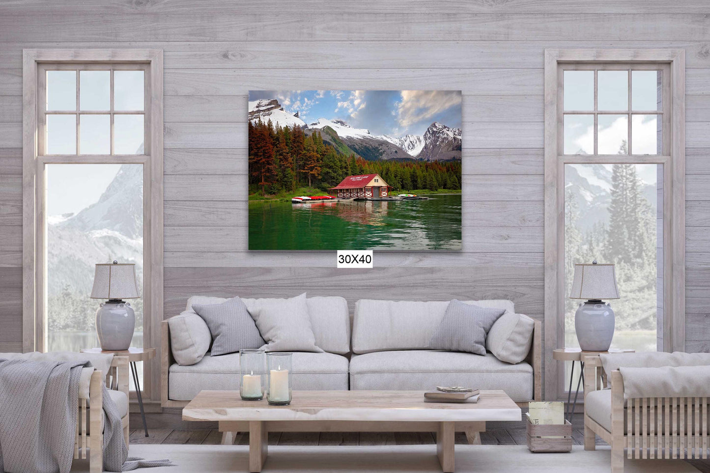 Jasper National Park Landscape Photo Print, Maligne Lake Boat House, Canadian Rockies, Alberta Canada, Banff, Large Canvas Wall Art