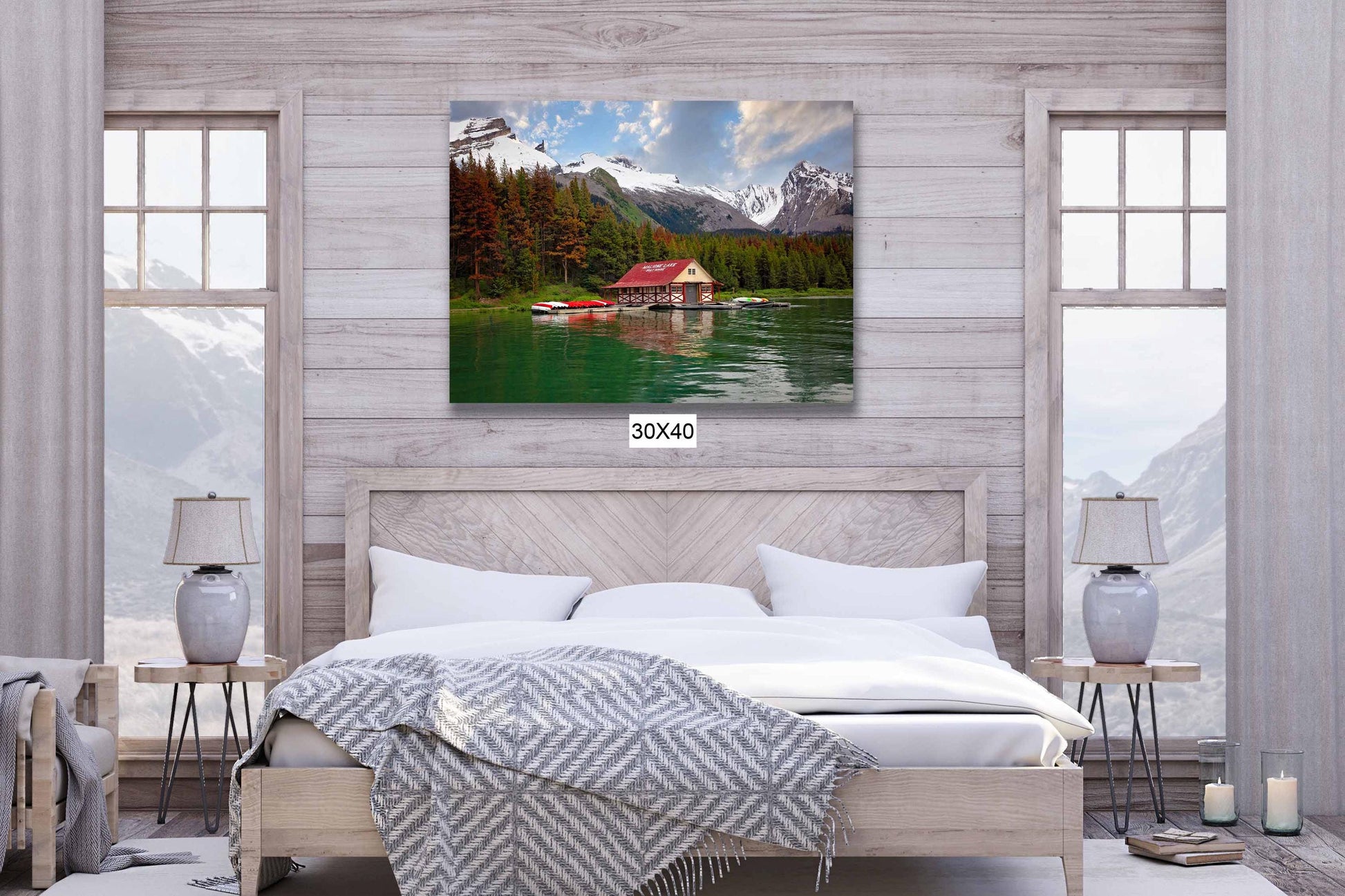 Jasper National Park Landscape Photo Print, Maligne Lake Boat House, Canadian Rockies, Alberta Canada, Banff, Large Canvas Wall Art