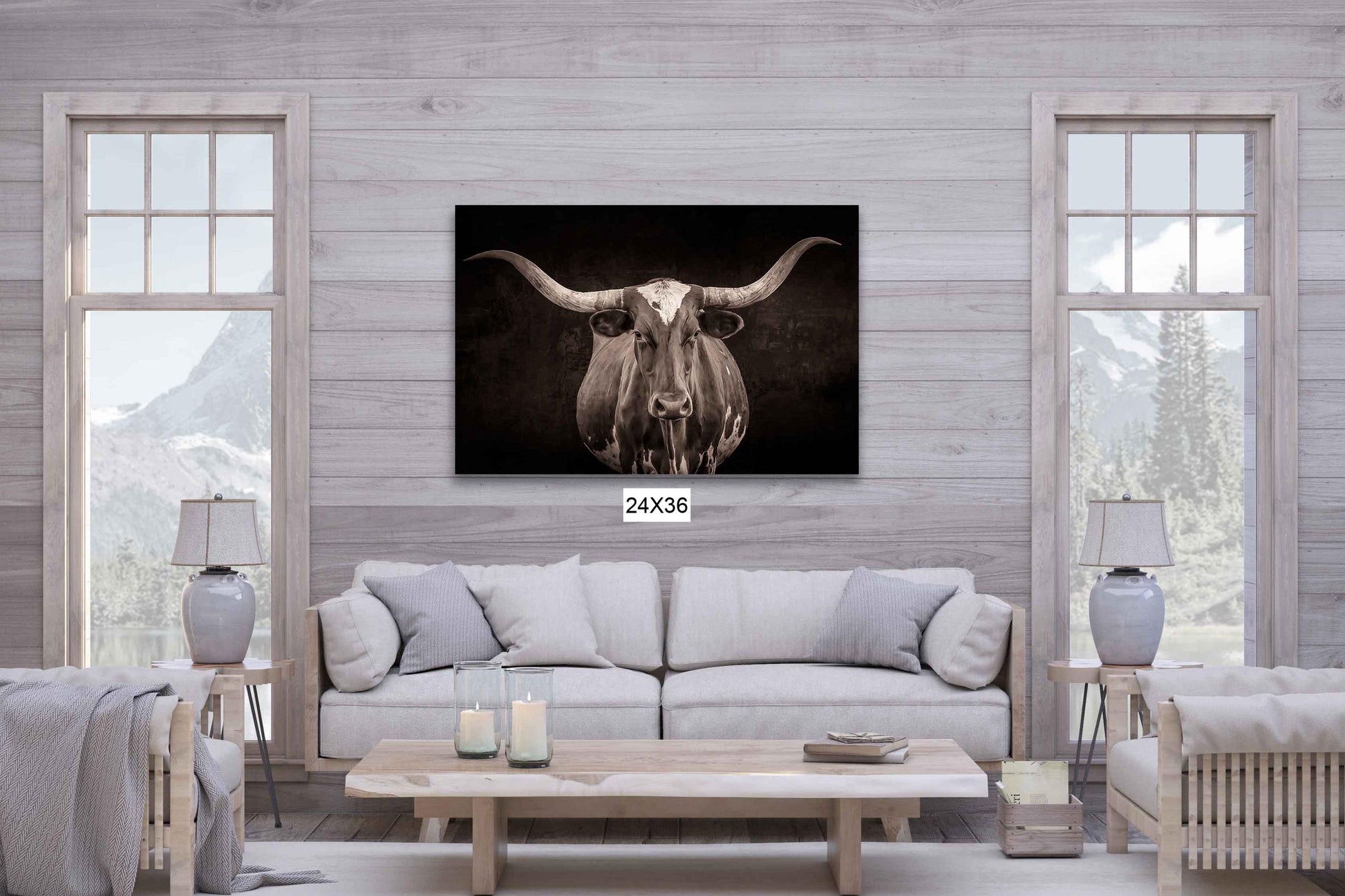 Sepia Tone Texas Longhorn Cow Wall Art, Black and White Western Rustic Decor, Cowboy Style, Farm and Ranch, Canvas Print for Home or Office