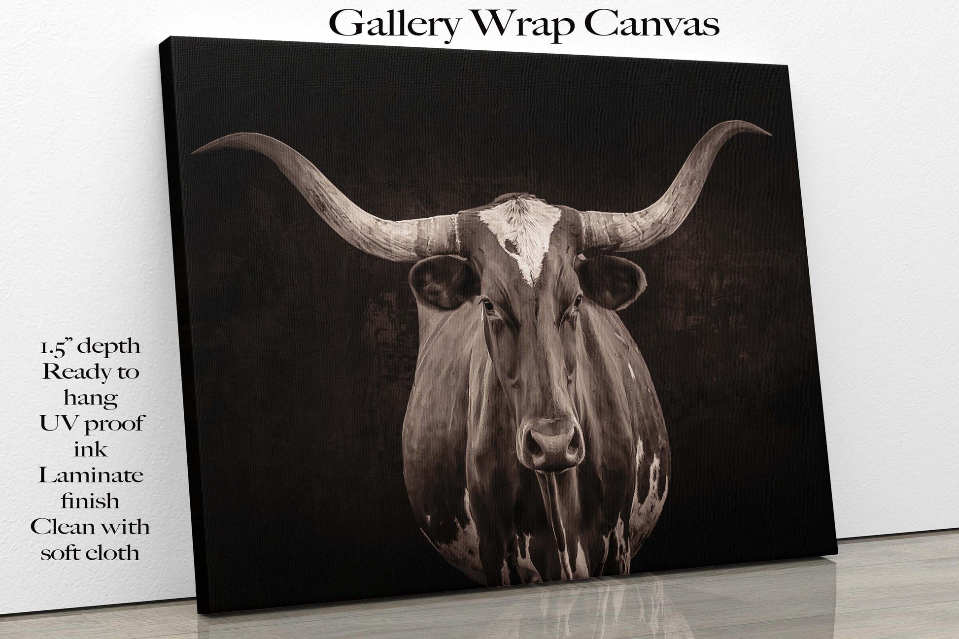 Sepia Tone Texas Longhorn Cow Wall Art, Black and White Western Rustic Decor, Cowboy Style, Farm and Ranch, Canvas Print for Home or Office