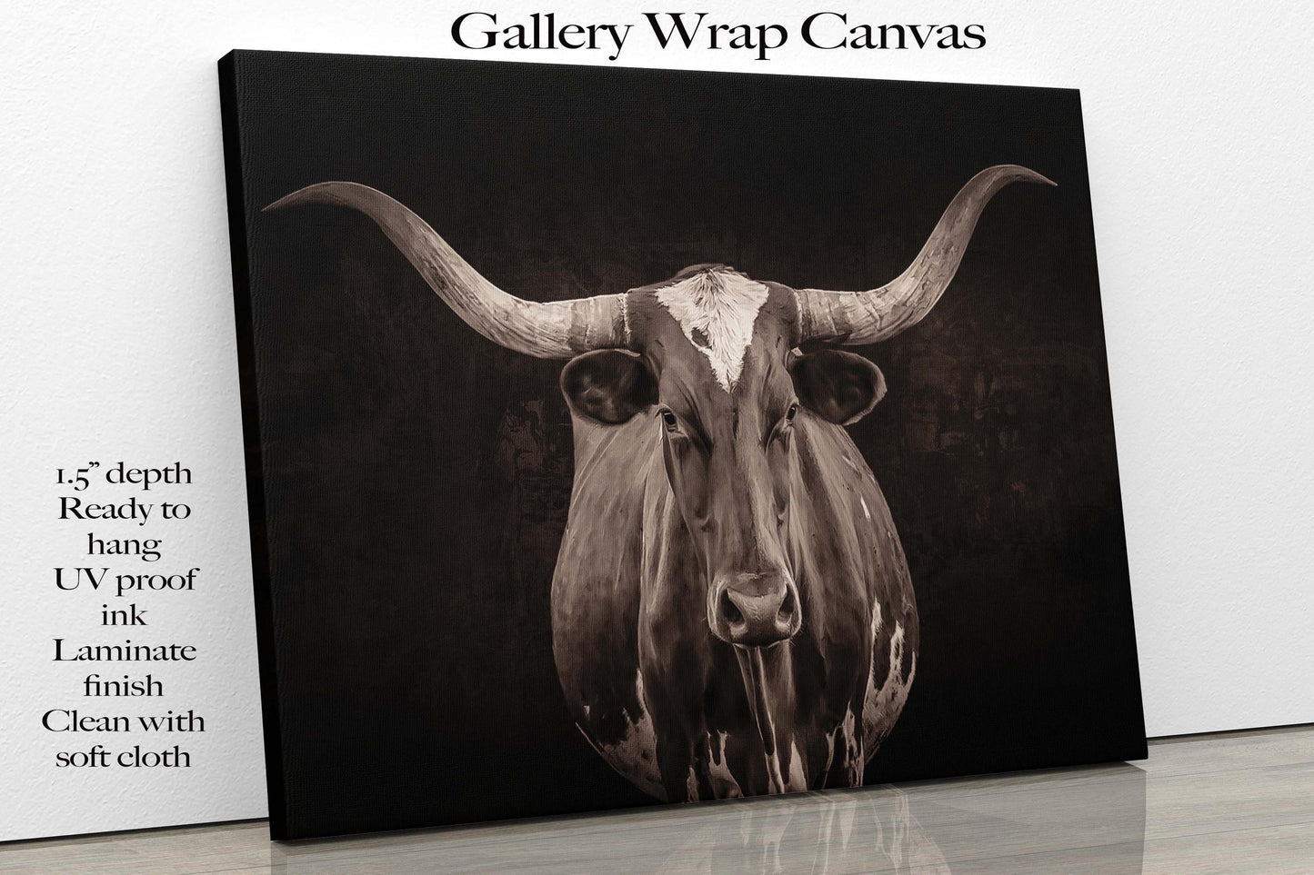 Sepia Tone Texas Longhorn Cow Wall Art, Black and White Western Rustic Decor, Cowboy Style, Farm and Ranch, Canvas Print for Home or Office