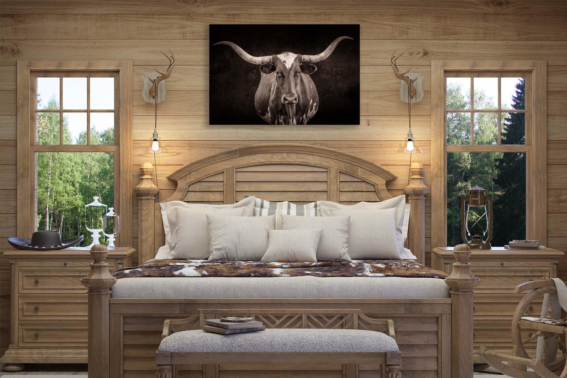 Sepia Tone Texas Longhorn Cow Wall Art, Black and White Western Rustic Decor, Cowboy Style, Farm and Ranch, Canvas Print for Home or Office