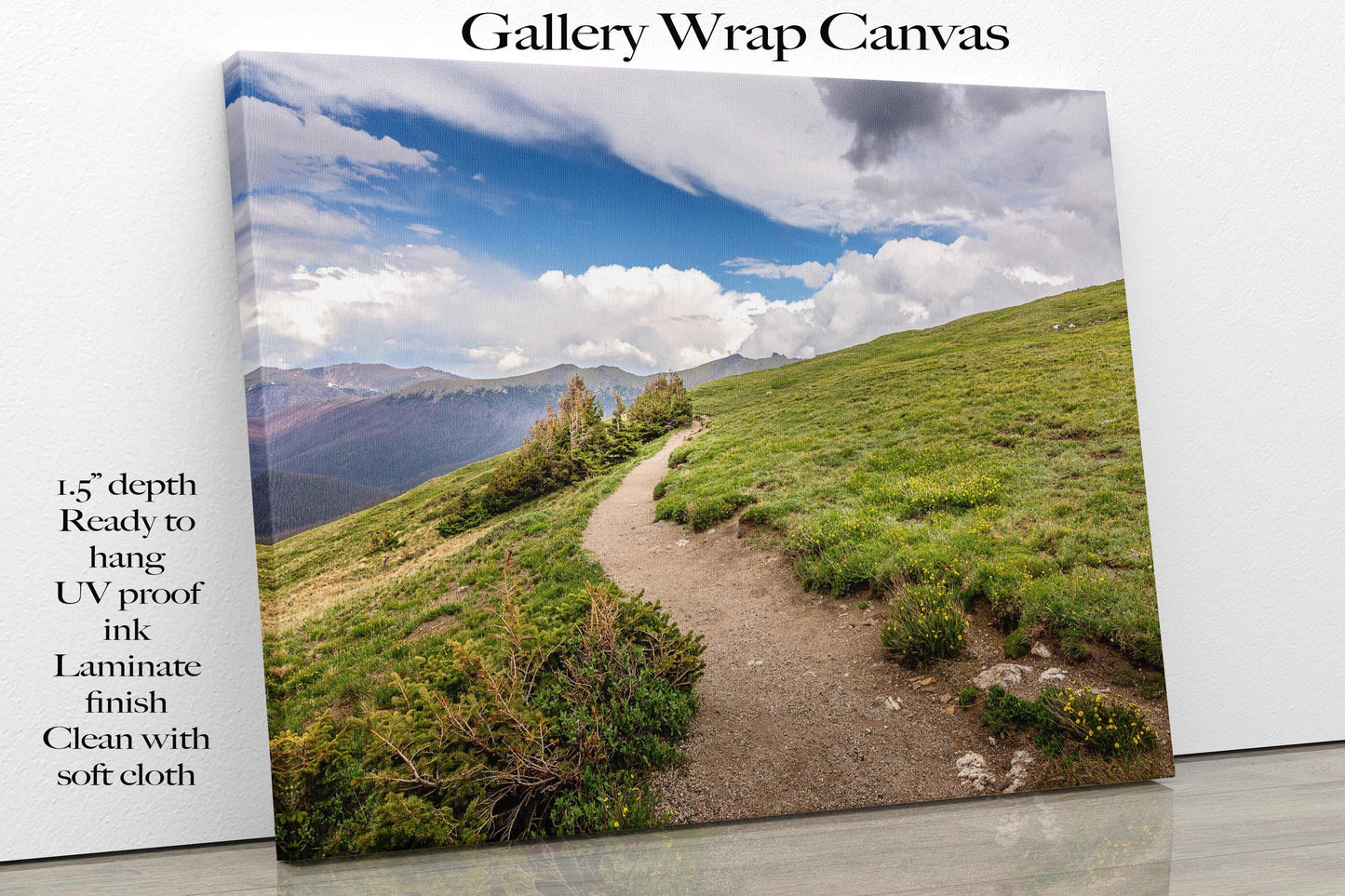 Canvas print of hiking trail on the tundra at 10,000 feet up. Mountain Trail going into the clouds on Trail Ridge Road in Rocky Mountain National Park, Colorado. Mockup showing descriptions of the depth of the canvas.