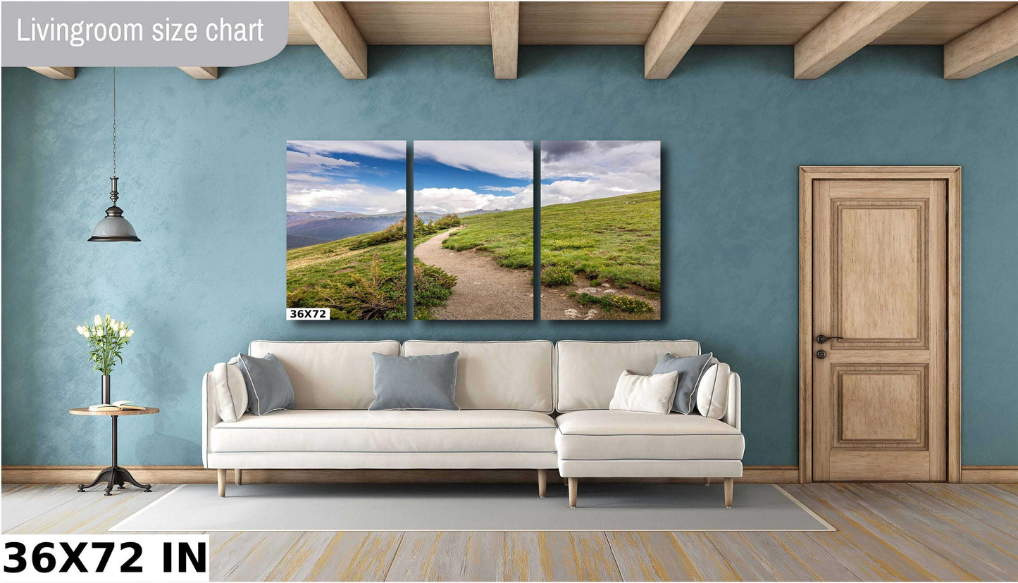 Canvas print of hiking trail on the tundra at 10,000 feet up. Mountain Trail going into the clouds on Trail Ridge Road in Rocky Mountain National Park, Colorado. Mockup showing large 3 panel canvas over couch.