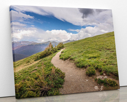 Canvas print of hiking trail on the tundra at 10,000 feet up. Mountain Trail going into the clouds on Trail Ridge Road in Rocky Mountain National Park, Colorado.