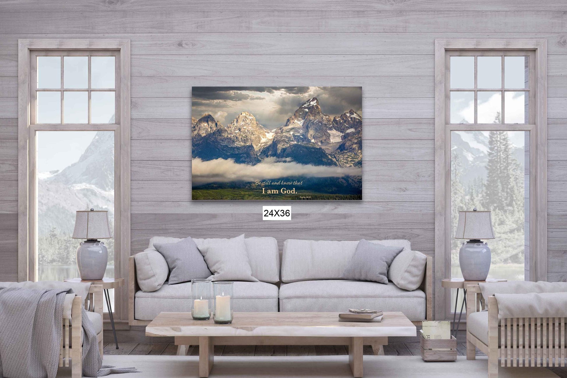 Psalm 46:10 Scripture Wall Art, Christian Inspirational Canvas, Be Still and Know, Grand Teton Mountaintop Peaks, Wyoming Landscape Print