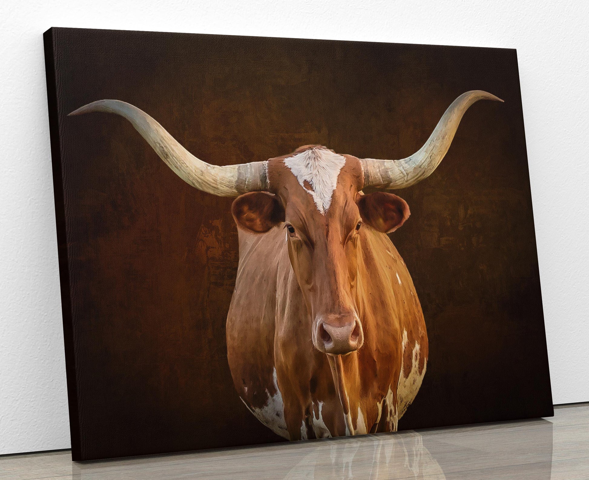 Texas Longhorn Cow Wall Art, Western Rustic Decor, Canvas Print for Home or Office, Farm and Ranch