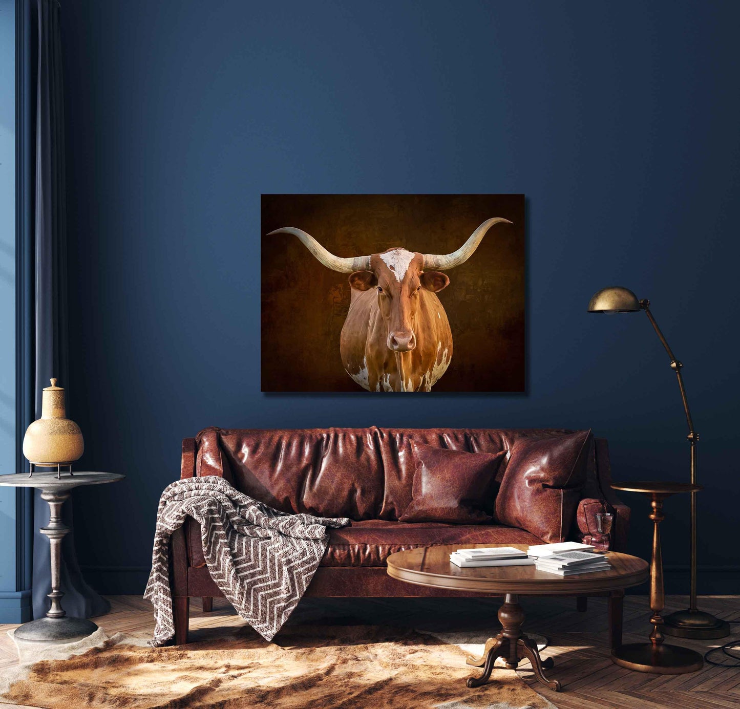 Texas Longhorn Cow Wall Art, Western Rustic Decor, Canvas Print for Home or Office, Farm and Ranch