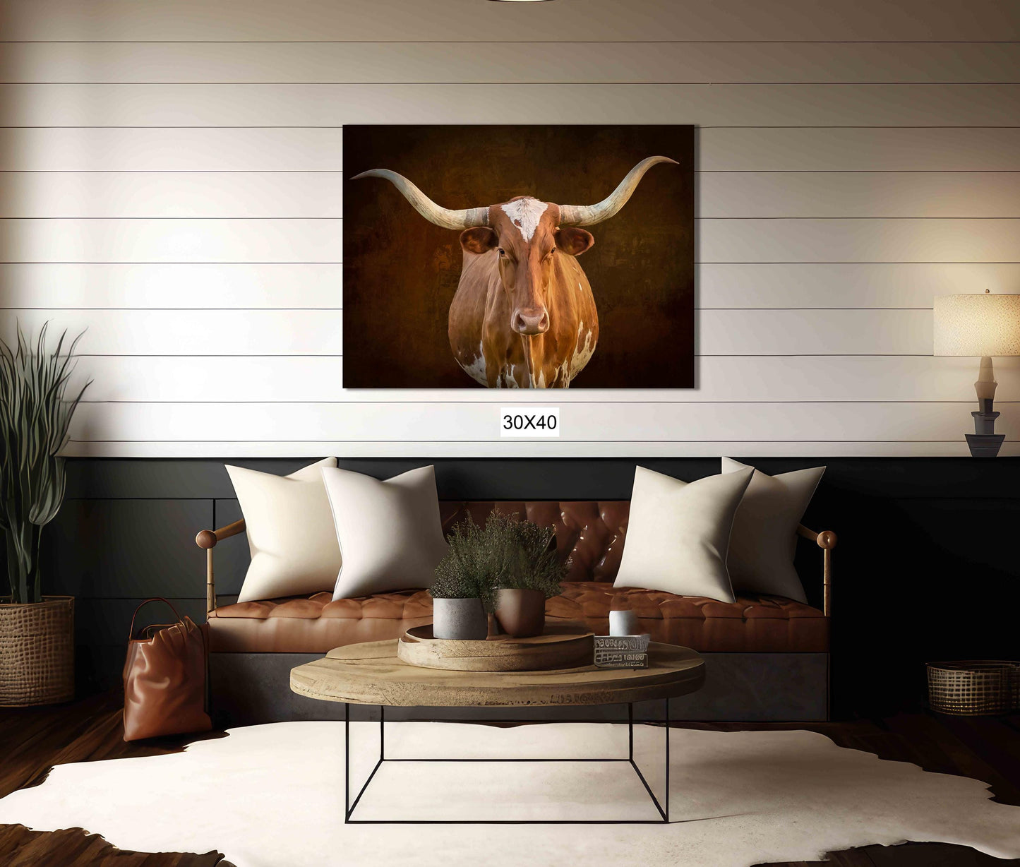 Texas Longhorn Cow Wall Art, Western Rustic Decor, Canvas Print for Home or Office, Farm and Ranch