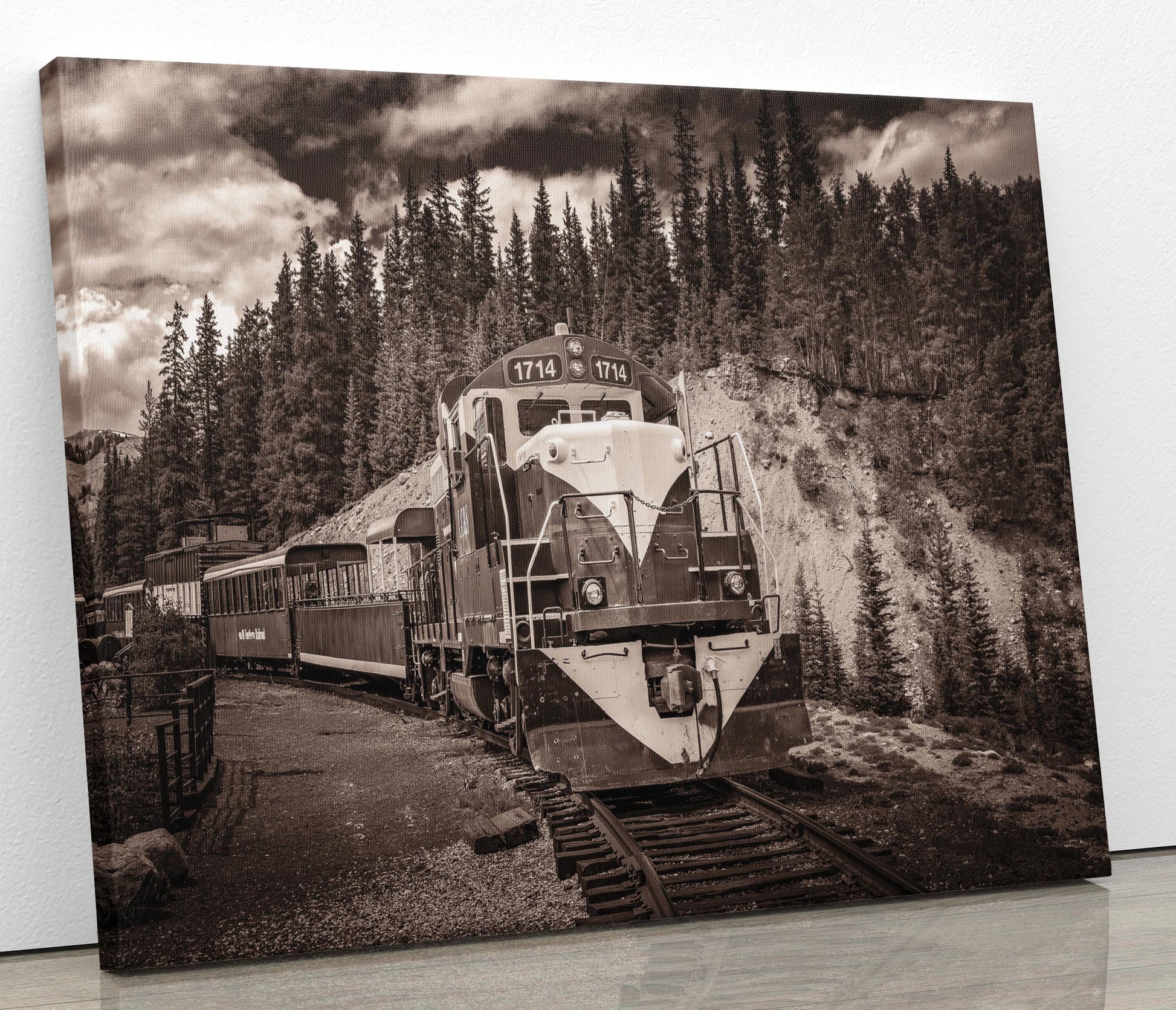 Black and White Old Train Print, Sepia Photo Canvas, Colorado Leadville Engine Locomotive, High line Mountain Scene, Vintage Train Engine