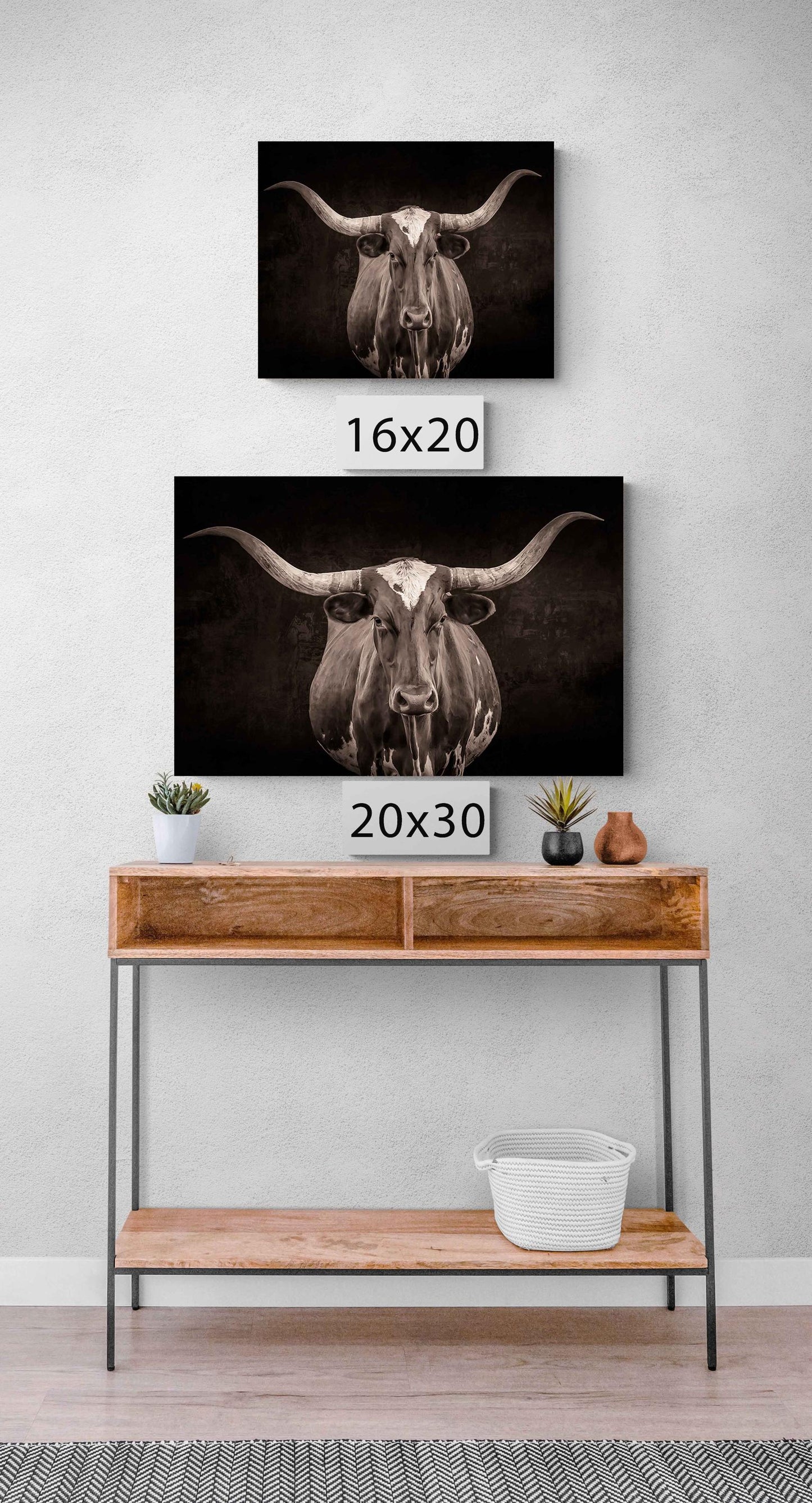 Sepia Tone Texas Longhorn Cow Wall Art, Black and White Western Rustic Decor, Cowboy Style, Farm and Ranch, Canvas Print for Home or Office