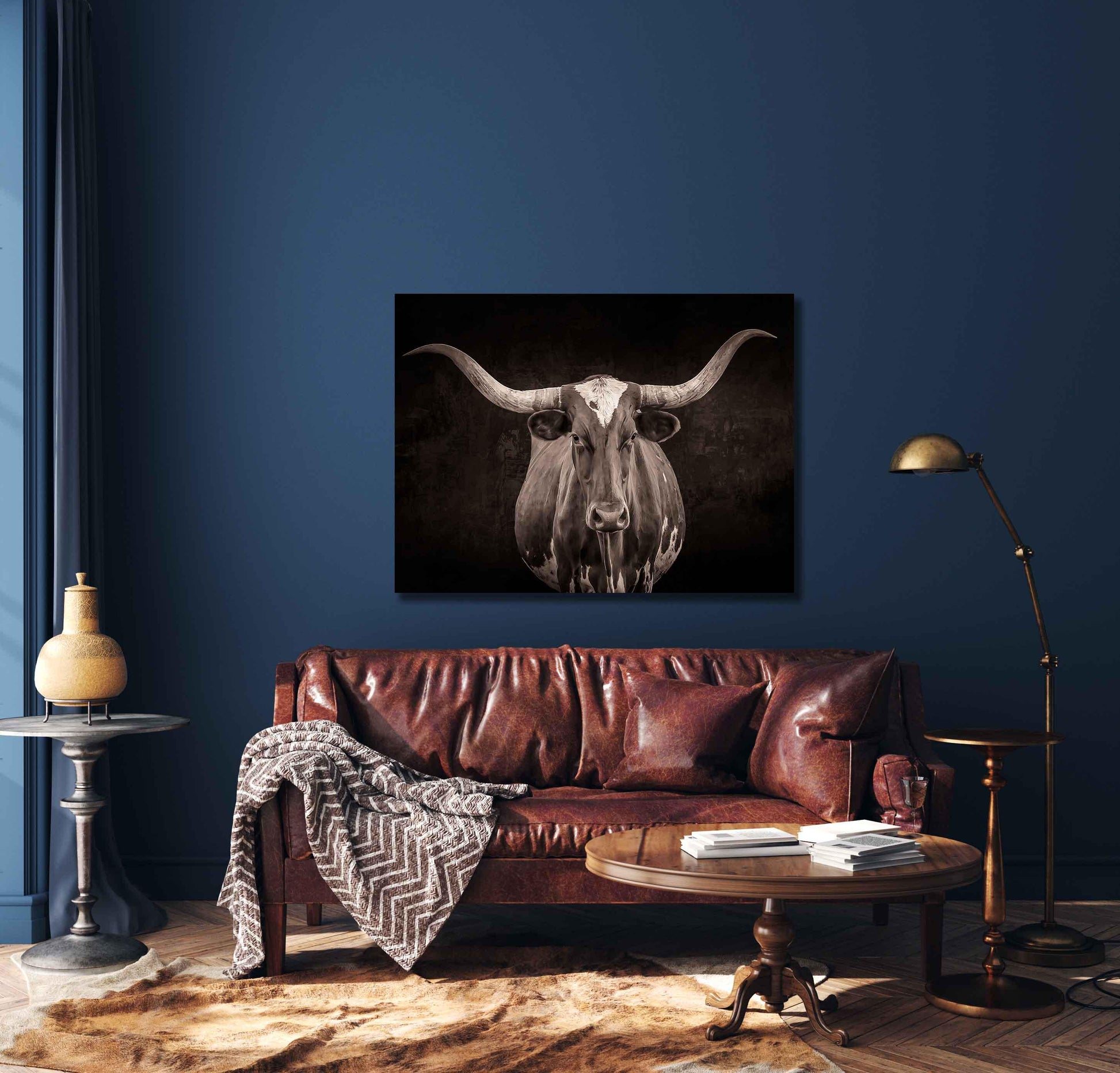 Sepia Tone Texas Longhorn Cow Wall Art, Black and White Western Rustic Decor, Cowboy Style, Farm and Ranch, Canvas Print for Home or Office