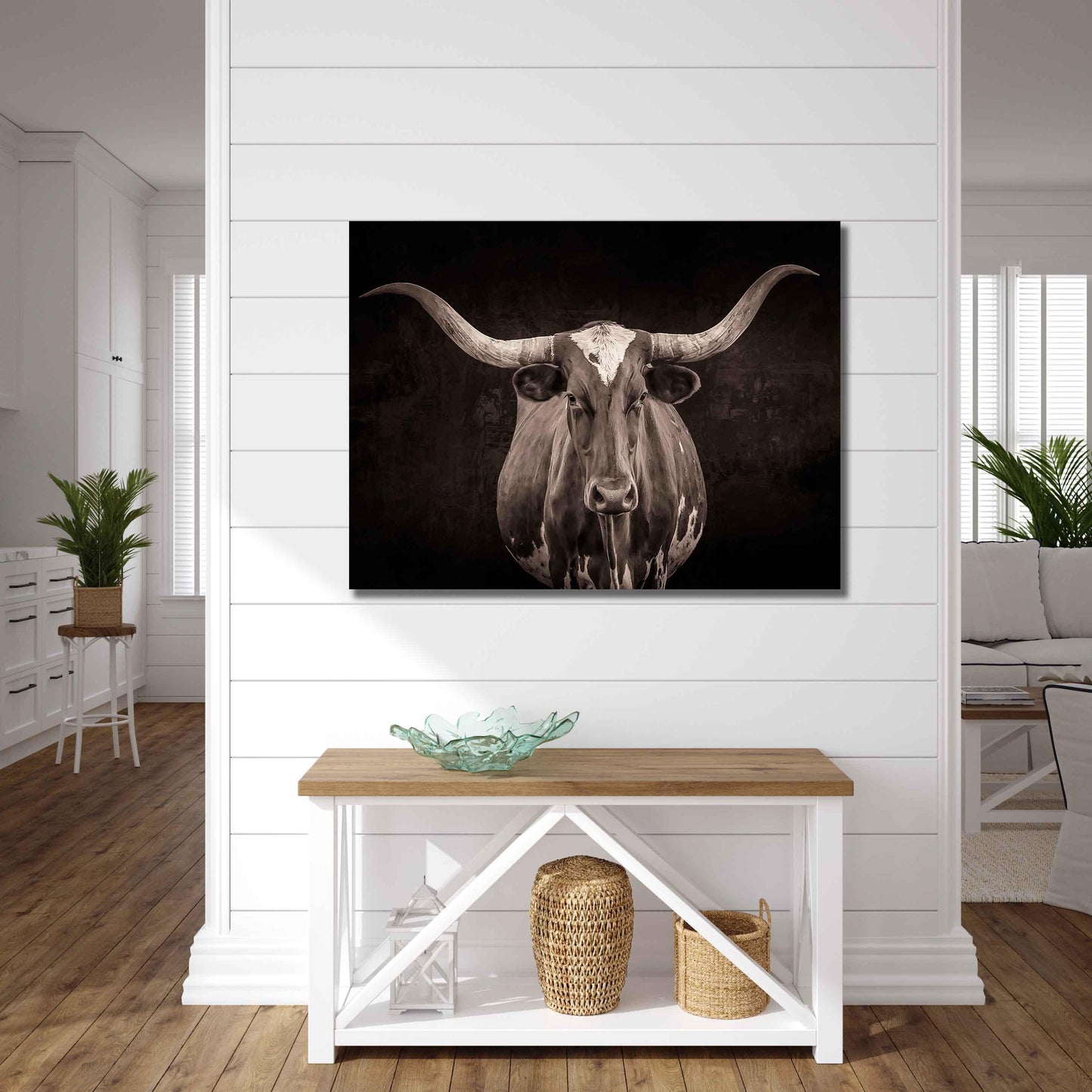 Sepia Tone Texas Longhorn Cow Wall Art, Black and White Western Rustic Decor, Cowboy Style, Farm and Ranch, Canvas Print for Home or Office