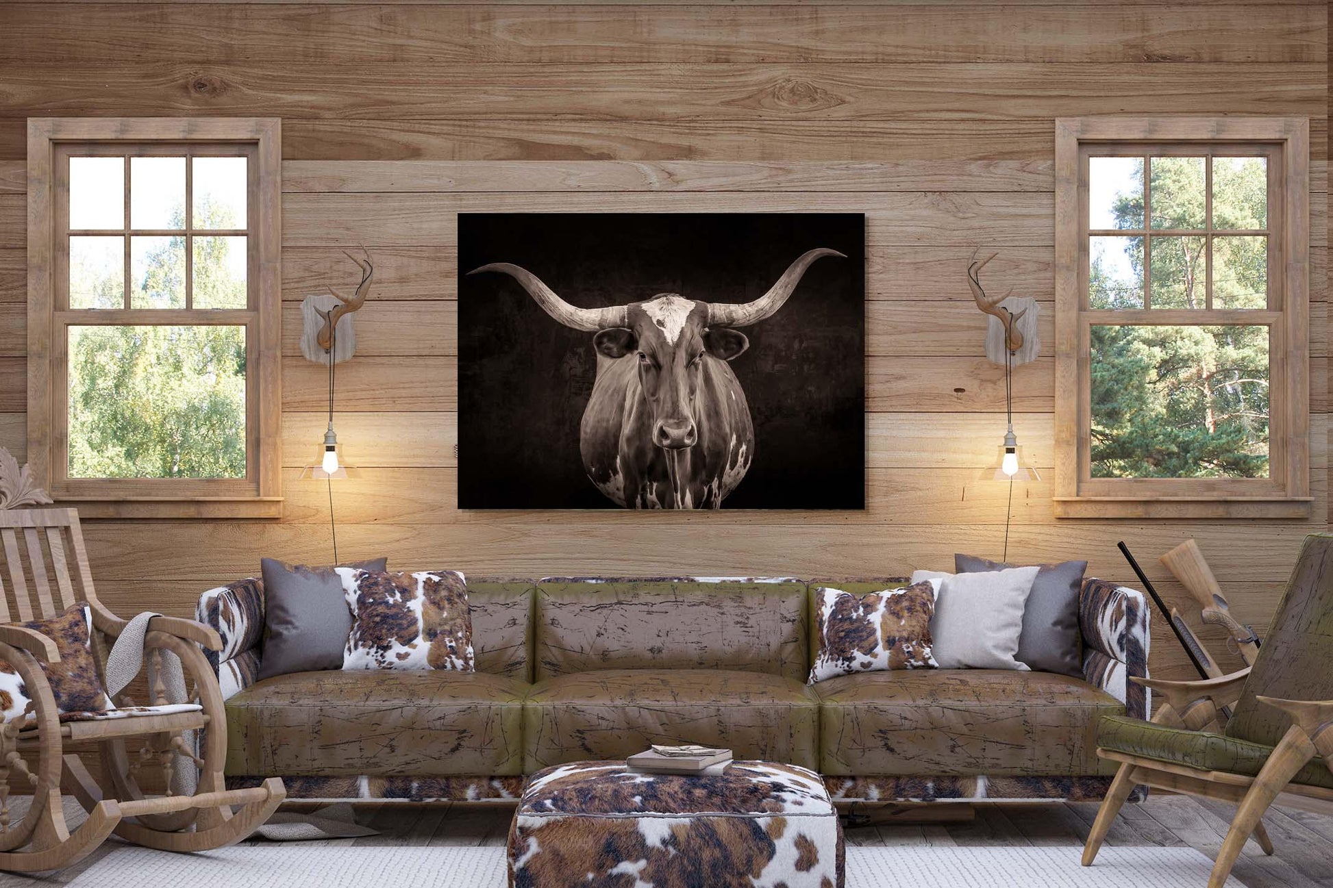 Sepia Tone Texas Longhorn Cow Wall Art, Black and White Western Rustic Decor, Cowboy Style, Farm and Ranch, Canvas Print for Home or Office