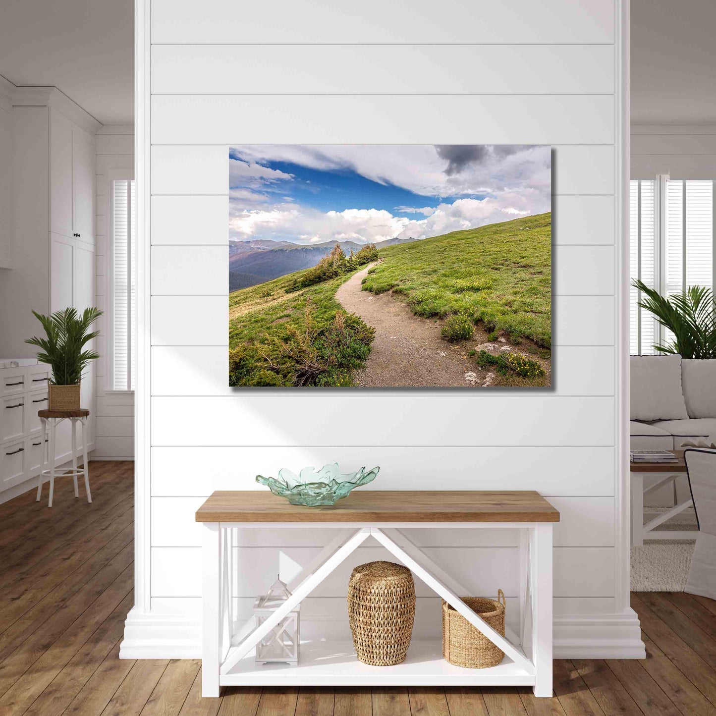 Canvas print of hiking trail on the tundra at 10,000 feet up. Mountain Trail going into the clouds on Trail Ridge Road in Rocky Mountain National Park, Colorado. Mockups showing canvas on a white wall.