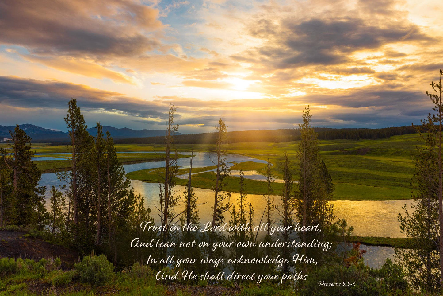 Proverbs 3:5-6 Scripture on sunrise photo. Taken in the Hayden Valley of Yellowstone National Park. Trust in the Lord with all of your heart.