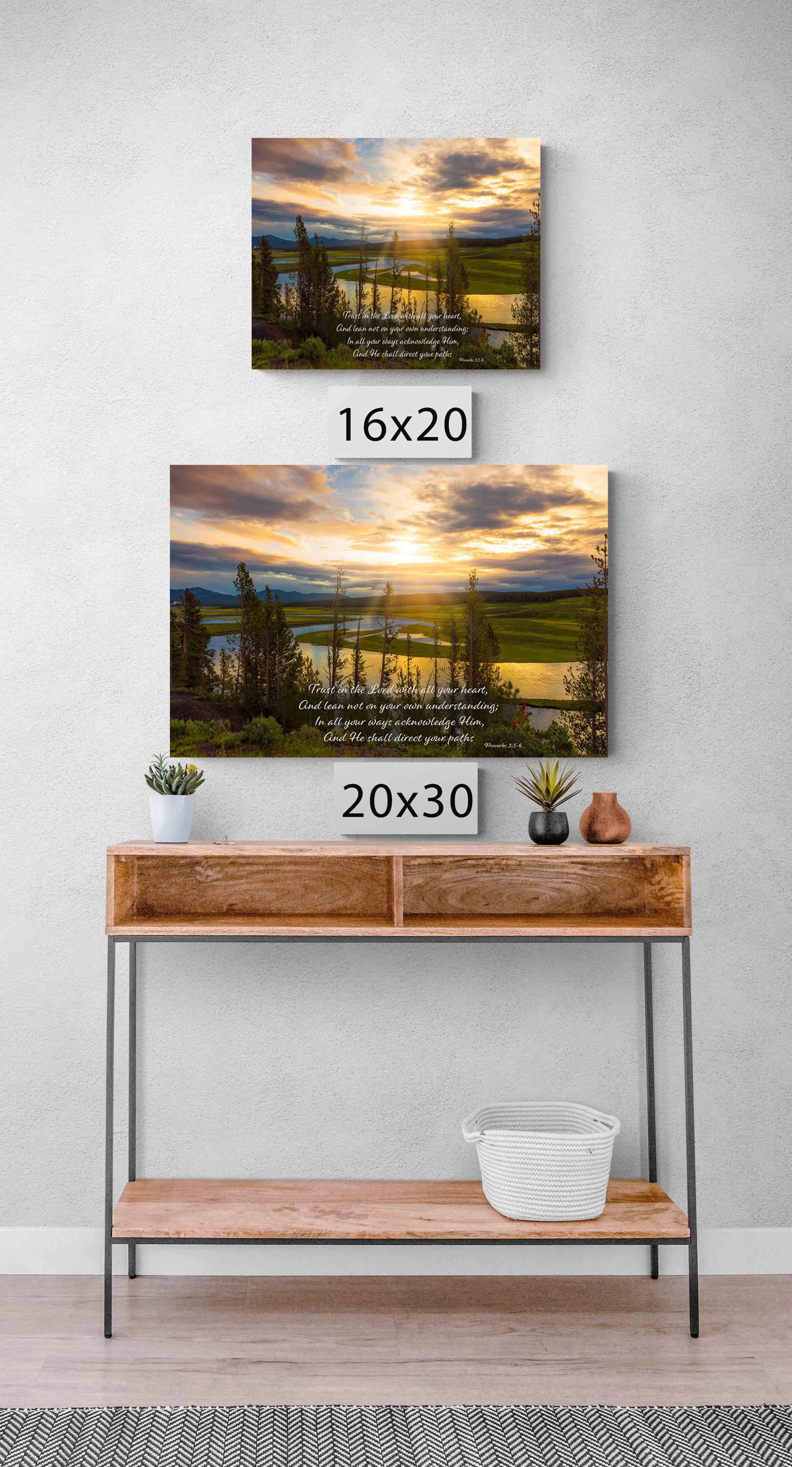 Proverbs 3:5-6 Christian Inspirational Wall Art, Scripture Wall Canvas, Hayden Valley Yellowstone Sunrise Photography, Bible Verse Decor