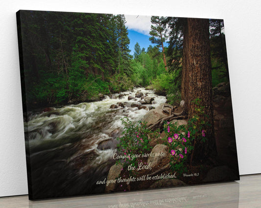 Proverbs 16:3 on background of Tuxedo Creek with wild roses in Rocky Mountain National Park. Image shown on canvas print