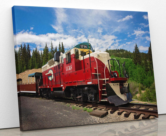 Colorado Old Train on tracks near Leadville Colorado. Leadville Diesel Engine Locomotive, High line Mountain Scene, Vintage Train Engine Photo, Standard Gauge Railroad