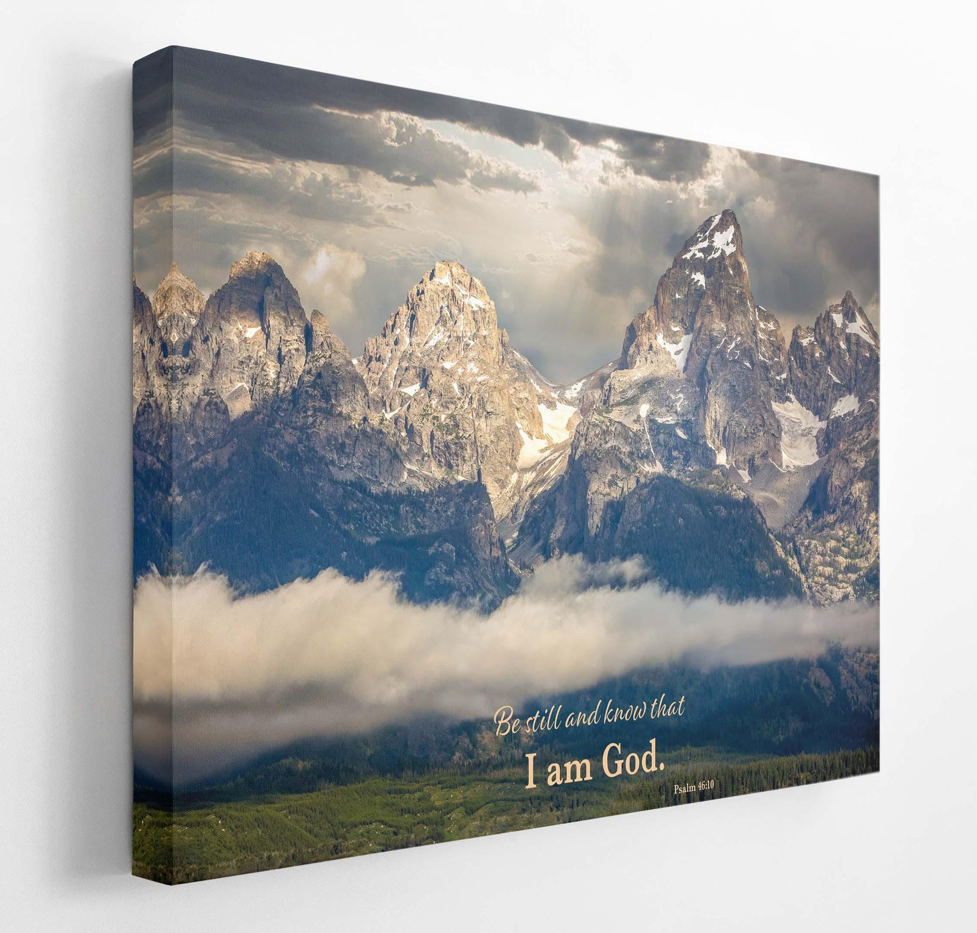 Psalm 46:10 Scripture Wall Art, Christian Inspirational Canvas, Be Still and Know, Grand Teton Mountaintop Peaks, Wyoming Landscape Print