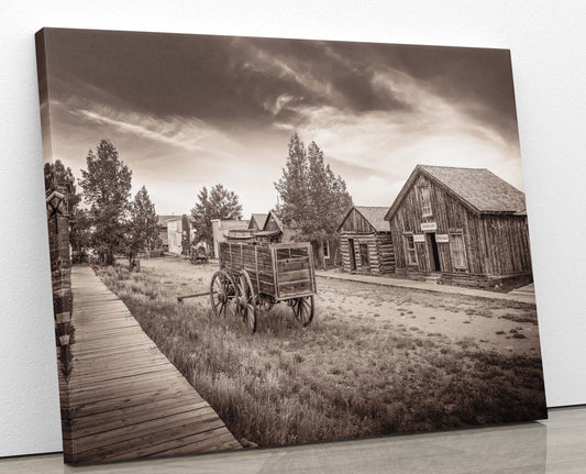 Old west ghost town in Colorado. Showing a  mockup in sepia tone on a canvas print