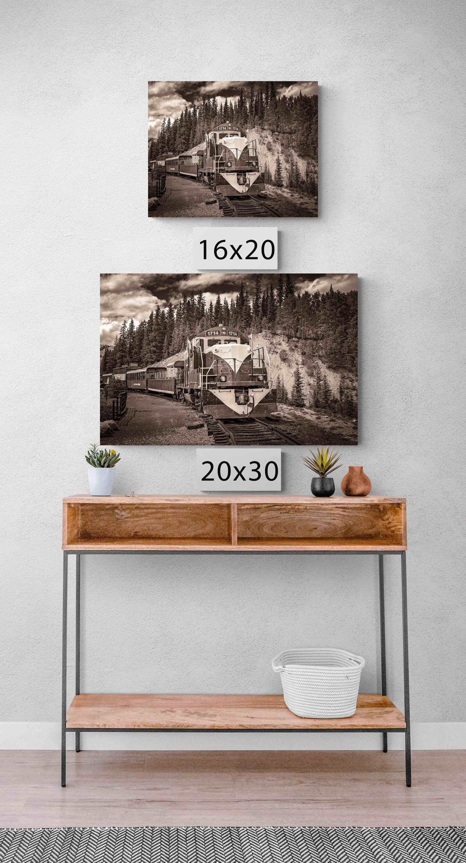 Black and White Old Train Print, Sepia Photo Canvas, Colorado Leadville Engine Locomotive, High line Mountain Scene, Vintage Train Engine