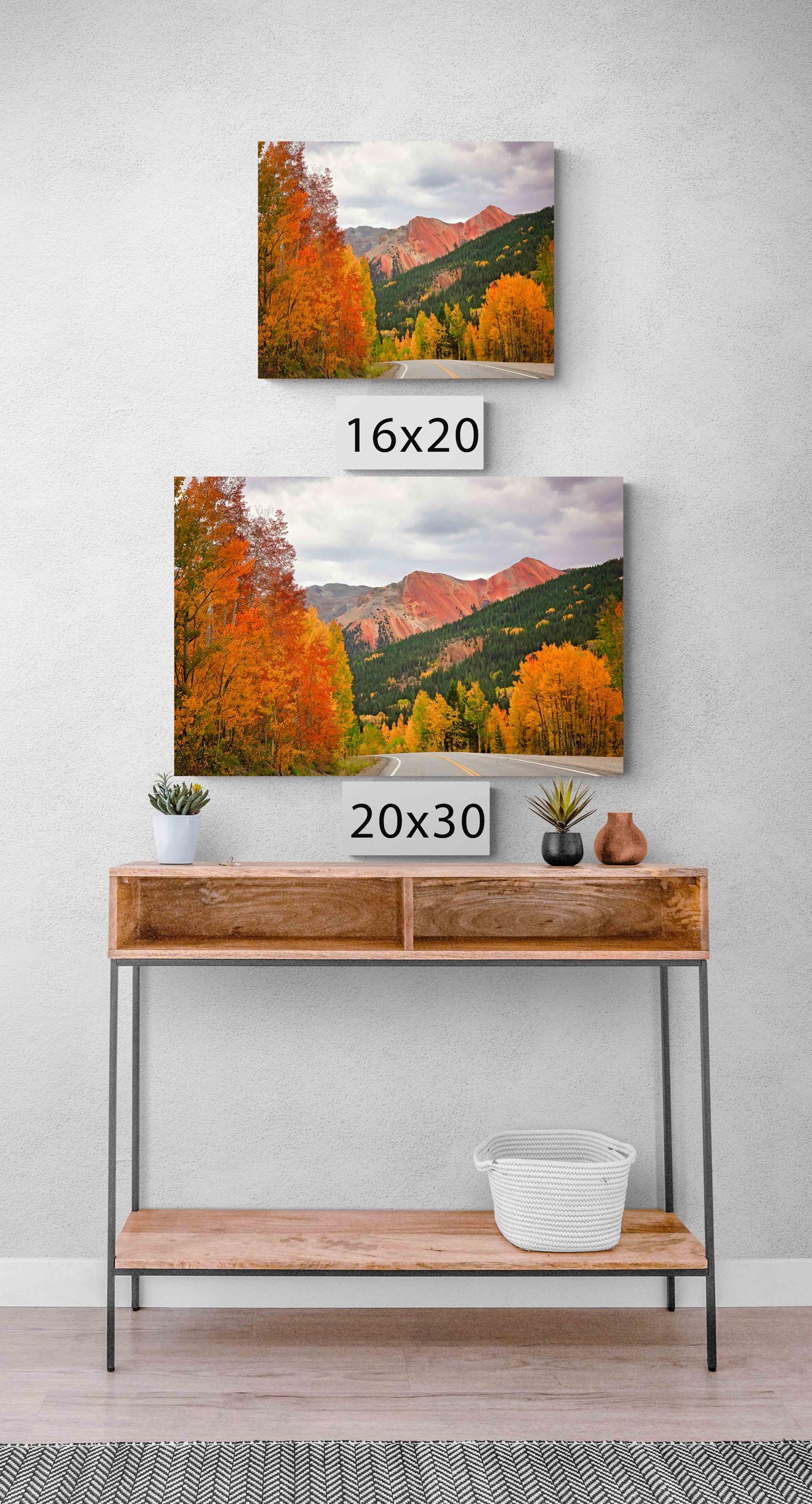 Red and Orange Aspen Trees Photo Print, Red Mountain Pass, Million Dollar Highway in Autumn, Colorado Fall Landscape, Photography Canvas