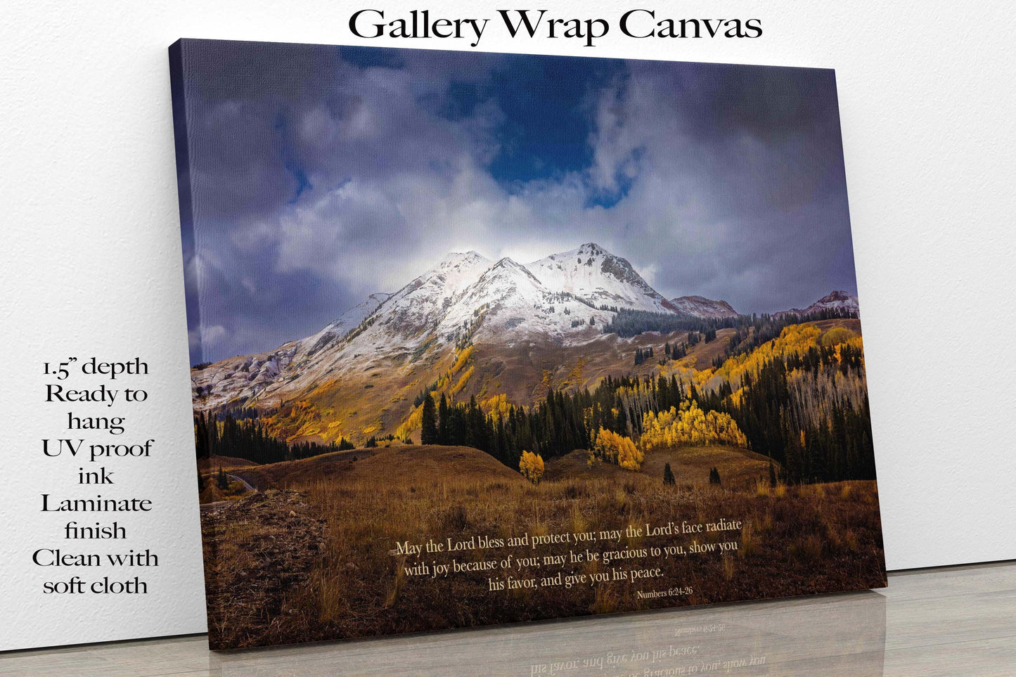 Numbers 6:24-26 verse on background of snowy mountain peak soaring over golden fall aspens in Colorado. Photo shows image printed on canvas.