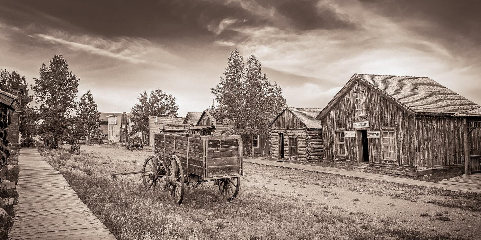 Old west town in Colorado print in sepia black and white.