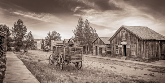 Old west town in Colorado print in sepia black and white.