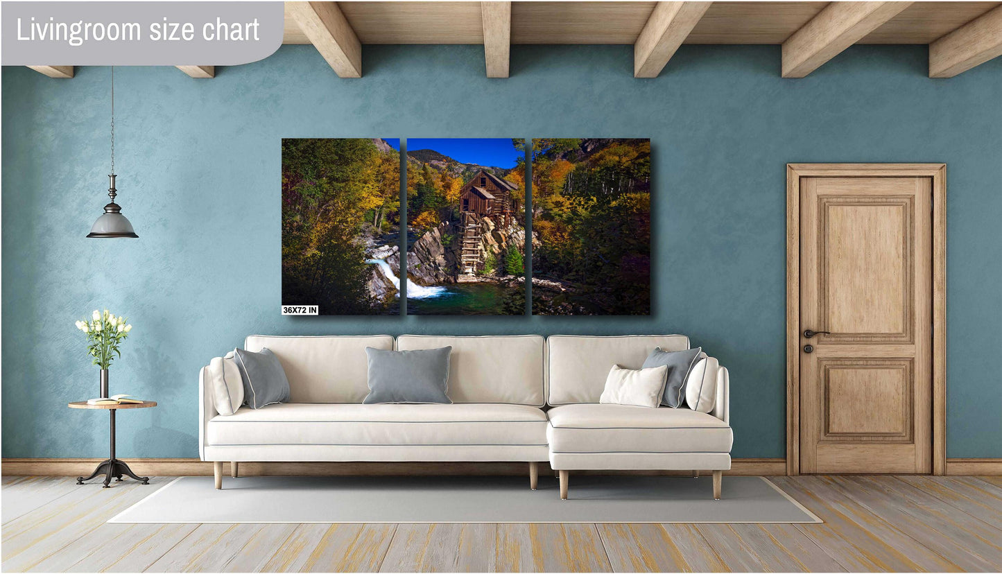 The iconic old Crystal Mill in fall. Near Marble Colorado. Photo shows the image on a canvas print in a large 3 panel triptych.