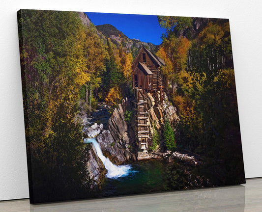 The iconic old Crystal Mill in fall. Near Marble Colorado. Photo shows the image on a canvas print.