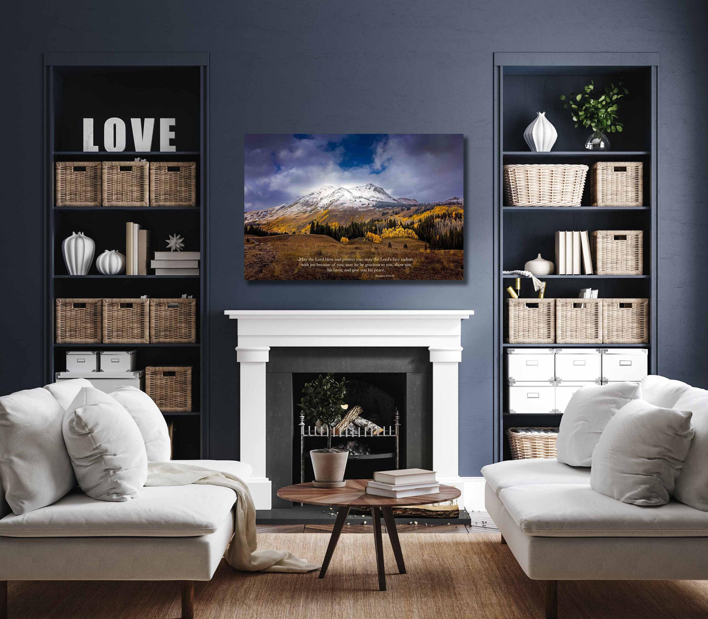 Numbers 6:24-26 verse on background of snowy mountain peak soaring over golden fall aspens in Colorado. Photo shows image printed on canvas. Shown over a white fireplace