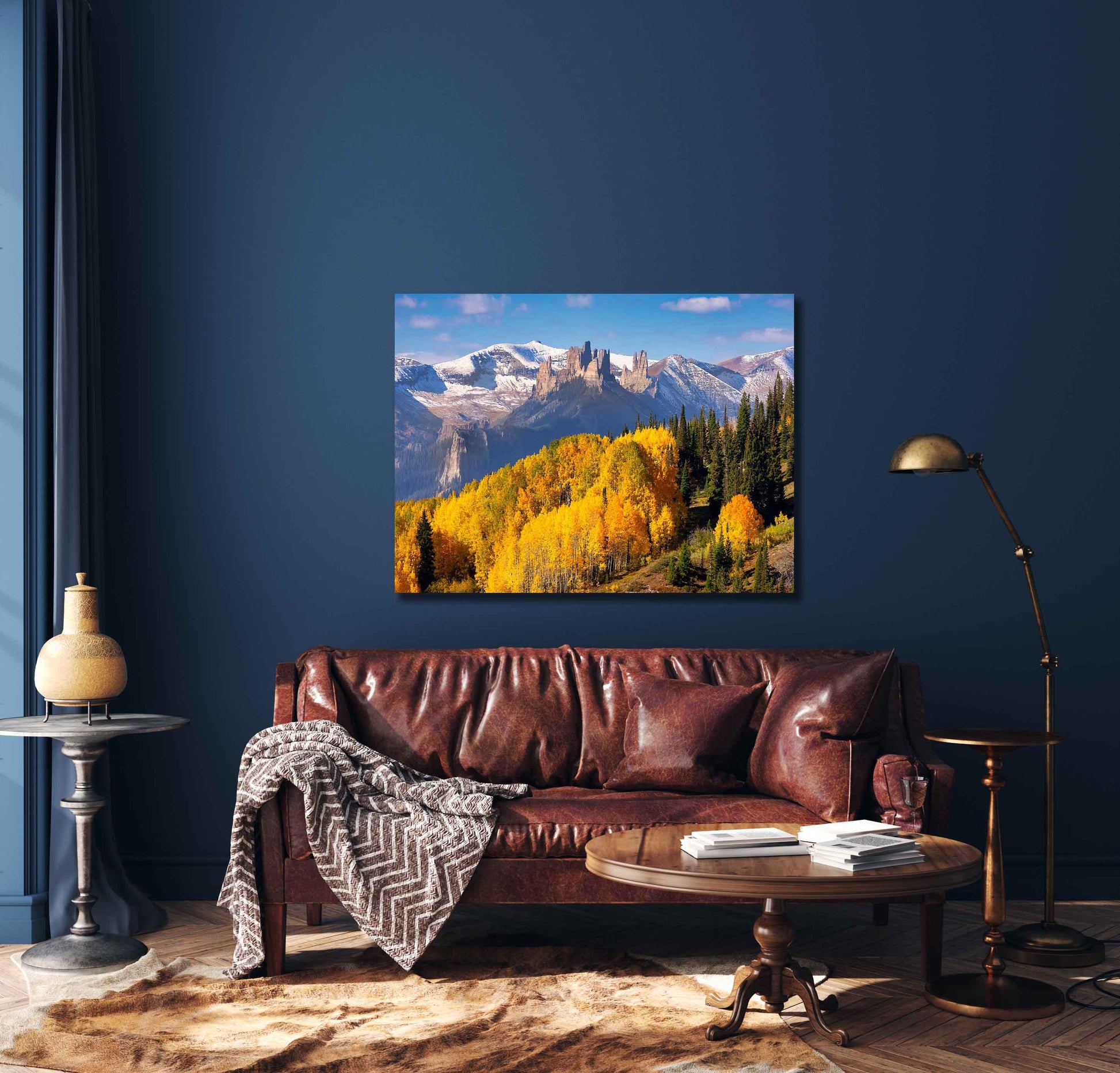 The Castles on Ohio Creek Pass near Crested Butte, Colorado. Beautiful golden aspen trees on the mountain side below. Photo showing image printed on canvas.