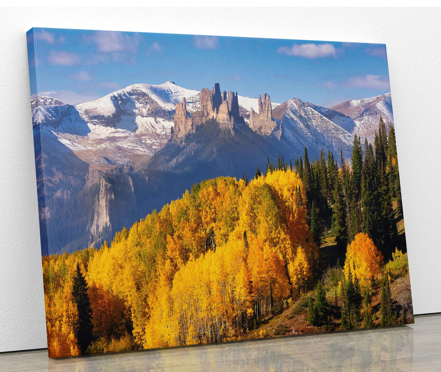 The Castles on Ohio Creek Pass near Crested Butte, Colorado. Beautiful golden aspen trees on the mountain side below. Photo showing image printed on canvas.