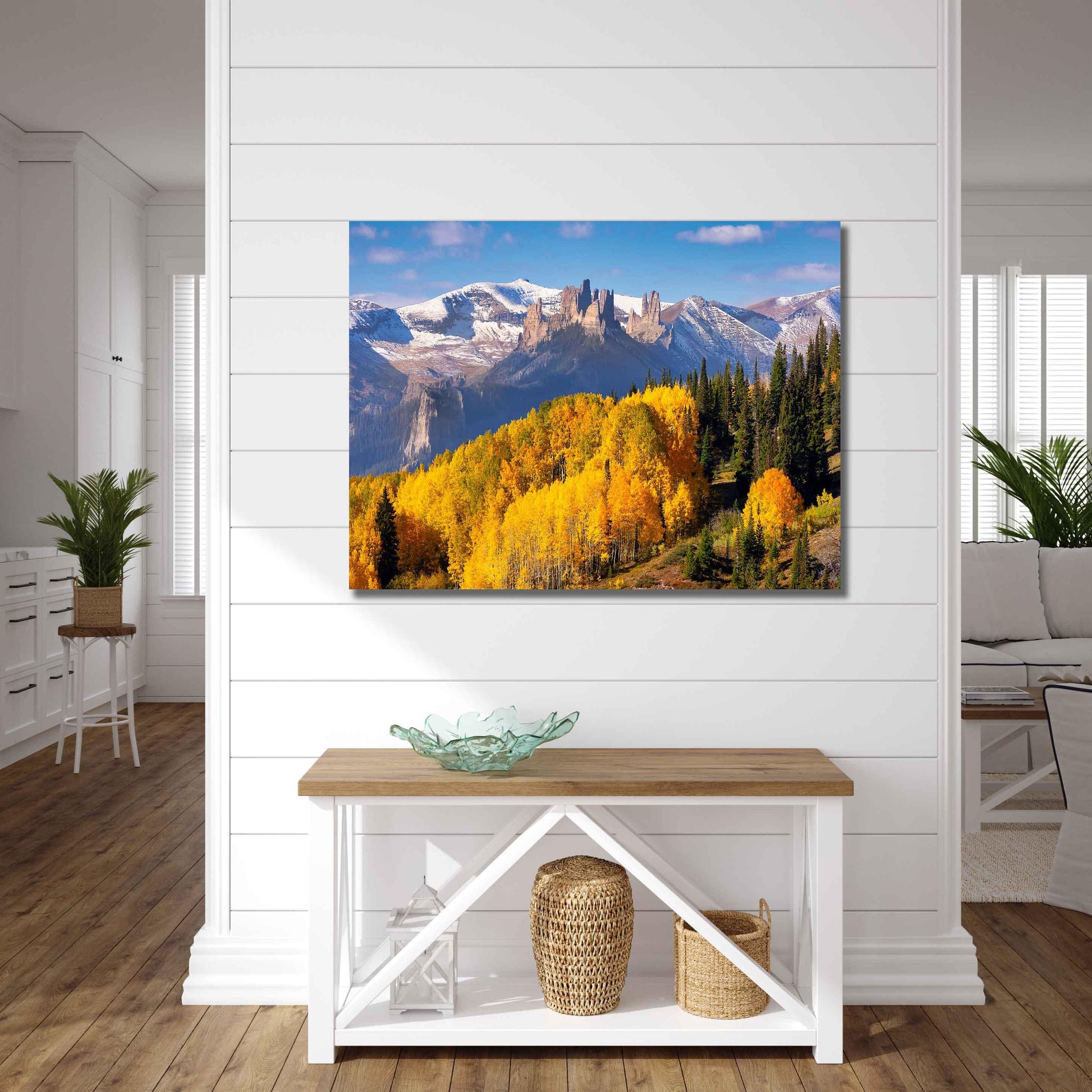 The Castles on Ohio Creek Pass near Crested Butte, Colorado. Beautiful golden aspen trees on the mountain side below. Photo showing image printed on canvas.