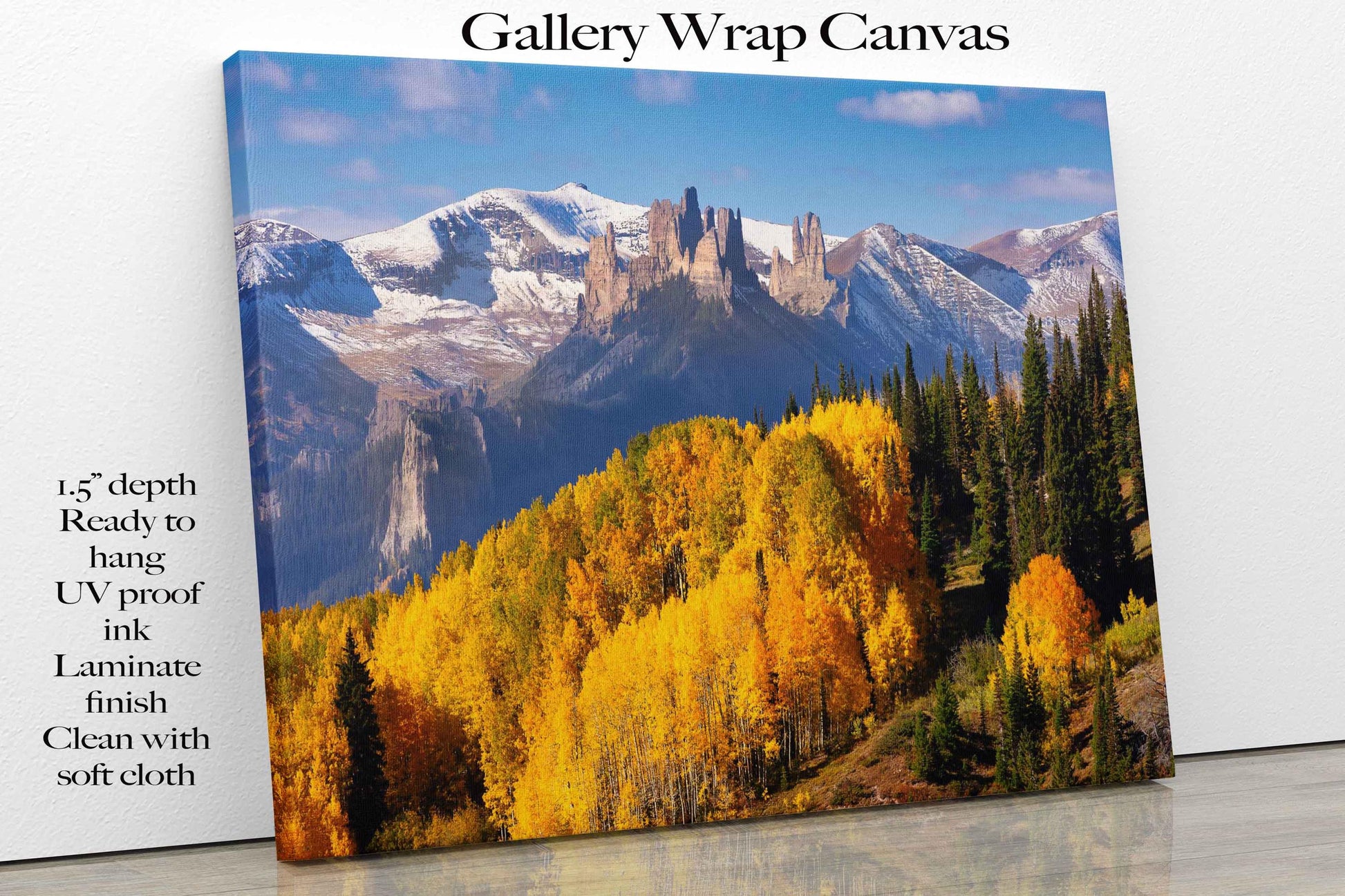 The Castles on Ohio Creek Pass near Crested Butte, Colorado. Beautiful golden aspen trees on the mountain side below. Photo showing image printed on canvas.