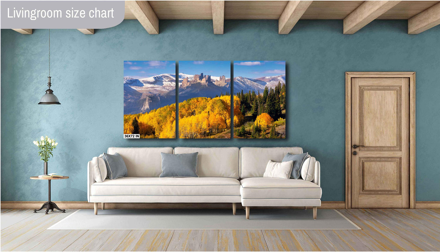 The Castles on Ohio Creek Pass near Crested Butte, Colorado. Beautiful golden aspen trees on the mountain side below. Photo showing image printed on canvas.