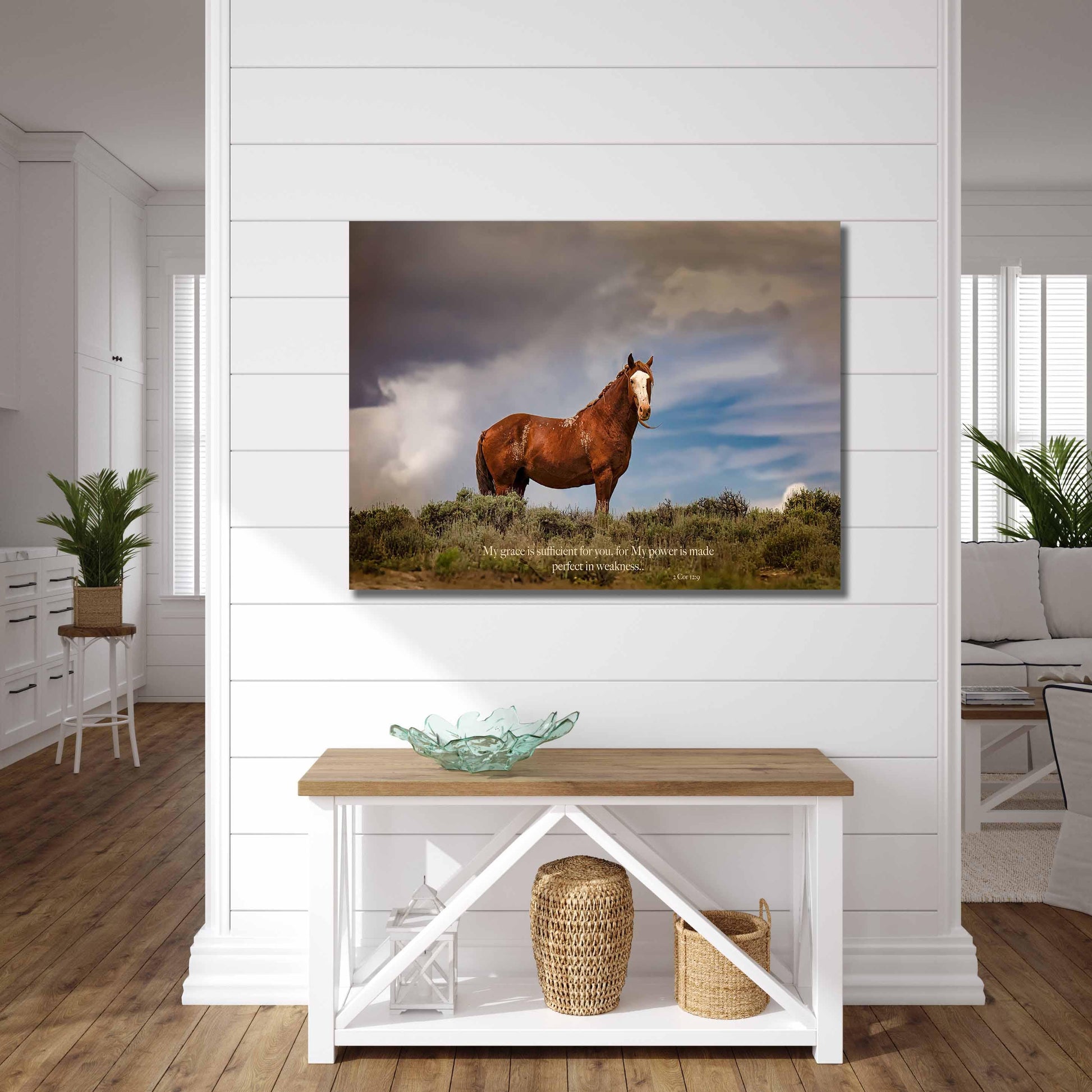 Wild Chestnut stallion in Colorado, with 2 Corinthians 12:9 Bible Verse on the print. Shown on canvas. Wild mustang original photography.