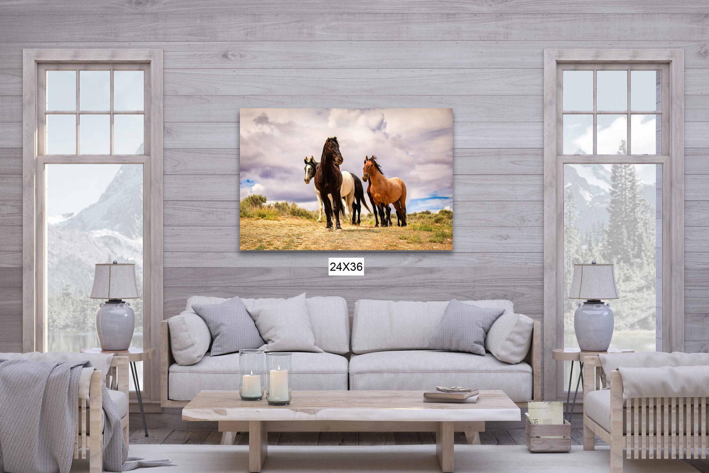 Wild horses standing on a ridge in Colorado&#39;s high desert plains of Sand Wash Basin. Mustang stallions - black, dun, pinto and gray. Photo shown printed on a canvas.