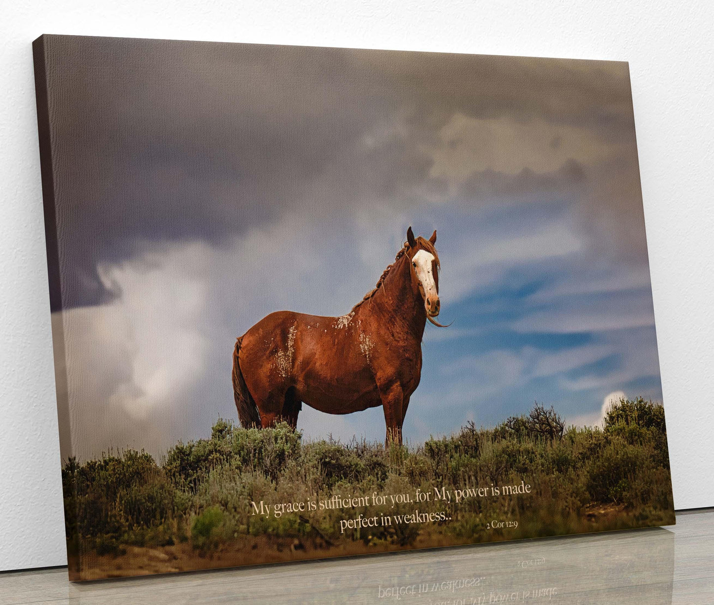 Wild Chestnut stallion in Colorado, with 2 Corinthians 12:9 Bible Verse on the print. Shown on canvas. Wild mustang original photography.