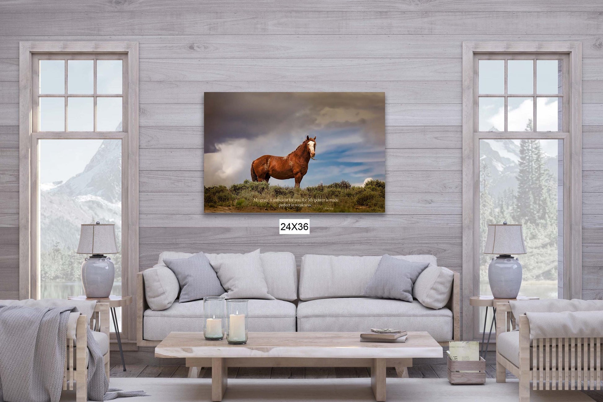 Wild Chestnut stallion in Colorado, with 2 Corinthians 12:9 Bible Verse on the print. Shown on canvas. Wild mustang original photography.